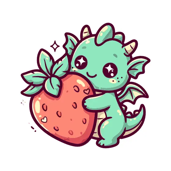 Baby Dragon Embracing Giant Strawberry