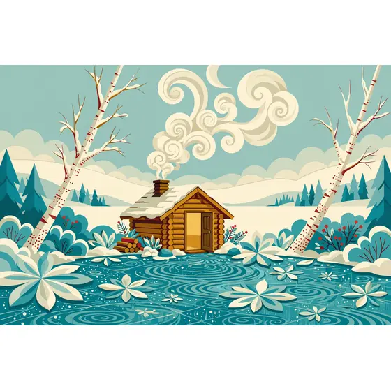 Sauna Hut by Frozen Lake with Steam