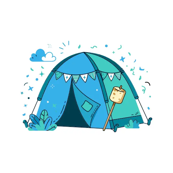 Bright Blue Tent With Roasting Marshmallow