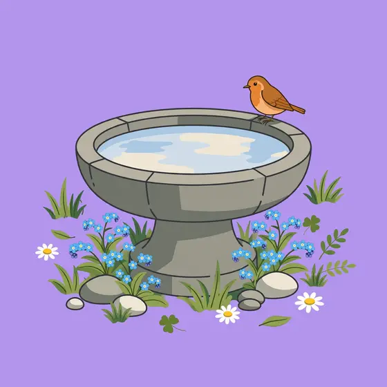 Stone Birdbath With Robin and Forget-Me-Nots