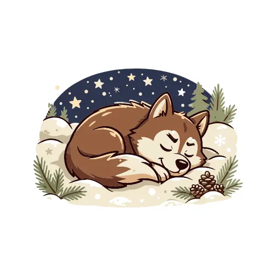 Husky Curled Among Pinecones