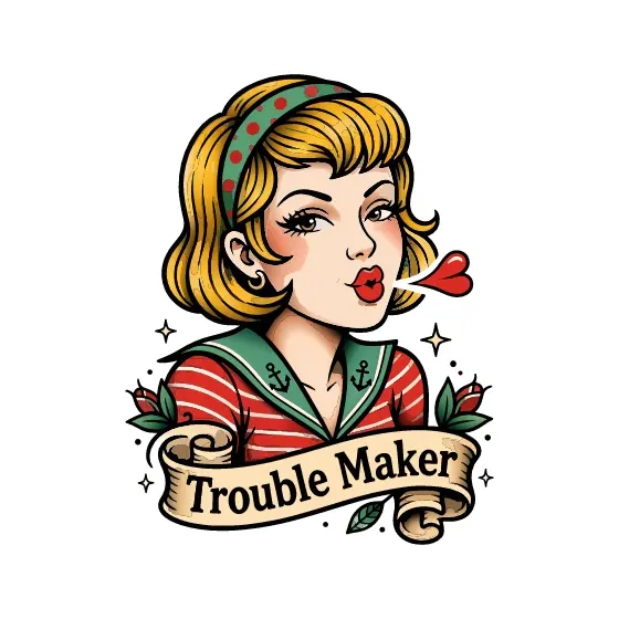 Blonde Pin-Up Blowing Kiss Trouble Maker