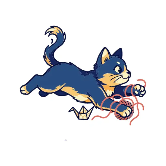 Navy Cat Pouncing With Coral Yarn