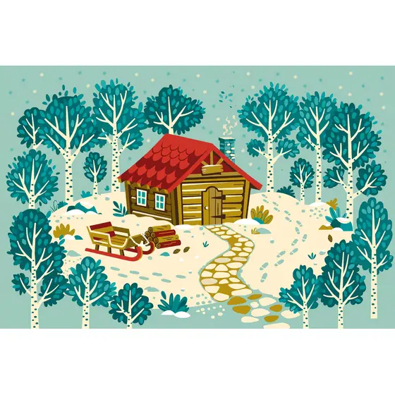 Winter Cabin With Red Sleigh