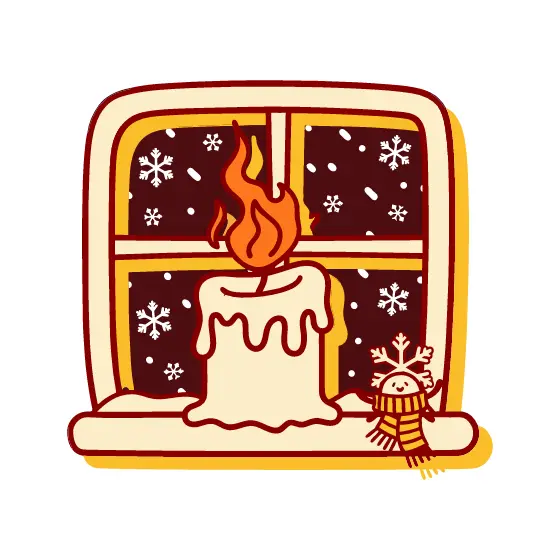 Glowing Candle in Snowy Window