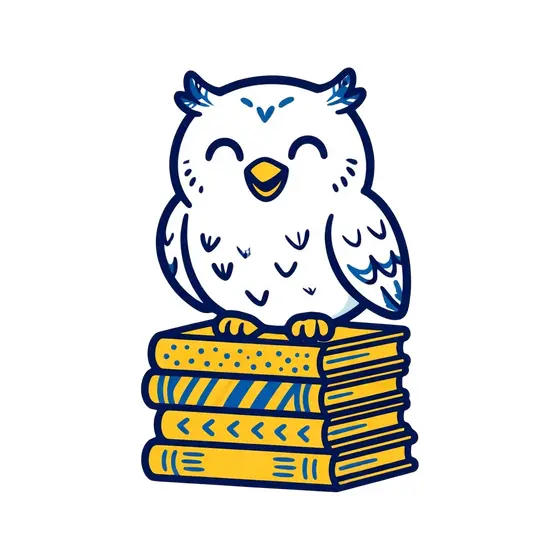 Smiling Snowy Owl Atop Patterned Books