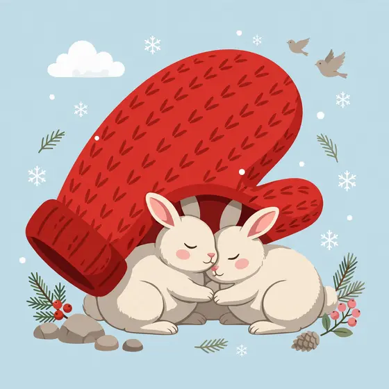 Snuggling Rabbits Under Red Knitted Mitten