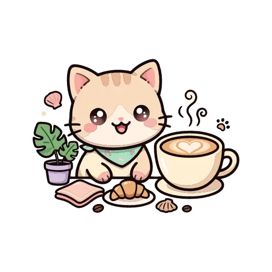 Kawaii Kitten With Latte And Croissant