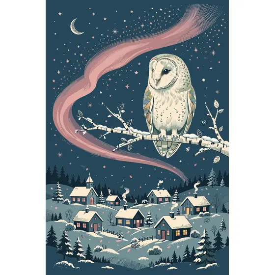 Barn Owl on Snowy Birch Branch