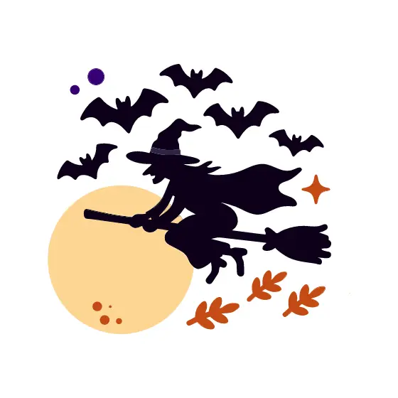 Witch on Broomstick With Bats