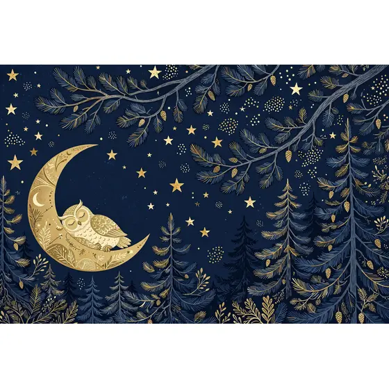 Sleeping Owl on Golden Crescent Moon