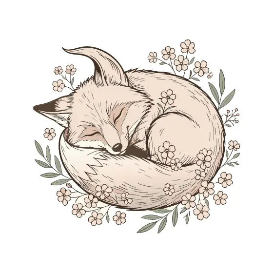 Sleeping Fox Curled With Wildflowers