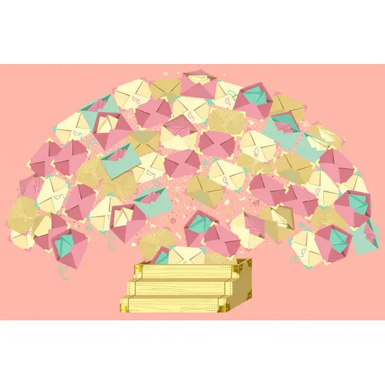 Pink Gold Envelopes Fanning From Wooden Crate