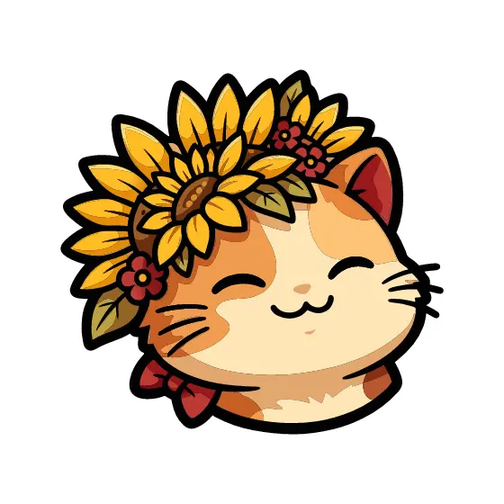 Sleepy Calico Cat in Sunflower Crown