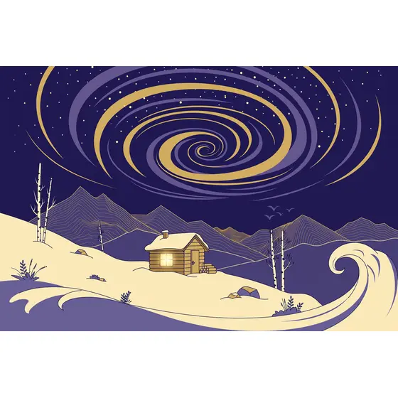 Cabin Under Spiraling Gold Aurora