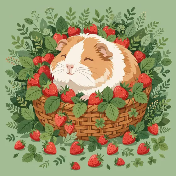 Contented Guinea Pig Nestled in Strawberry Basket