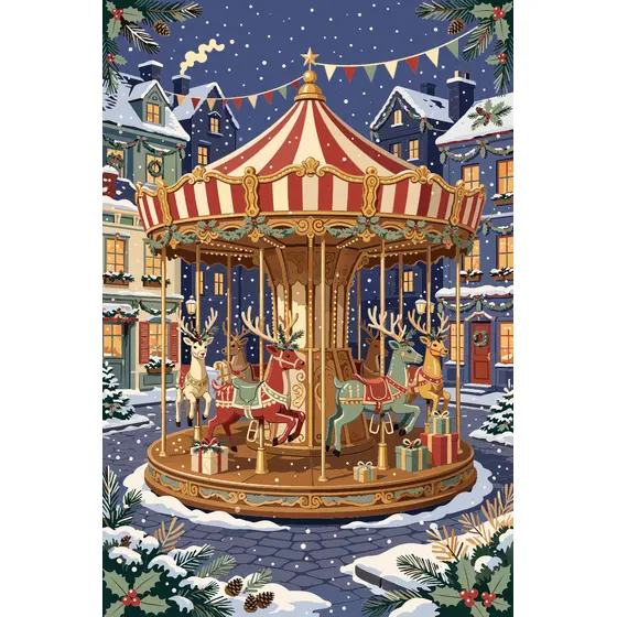 Striped Carousel With Holly-Antlered Reindeer