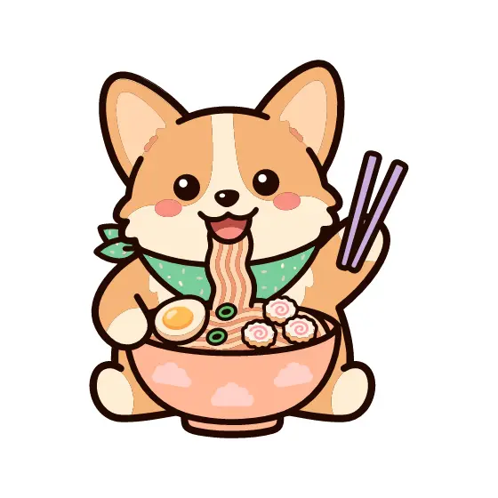 Corgi Eating Ramen With Green Scarf
