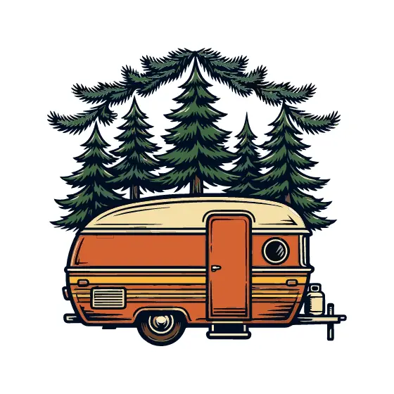 Vintage Camper Trailer Beneath Pine Trees