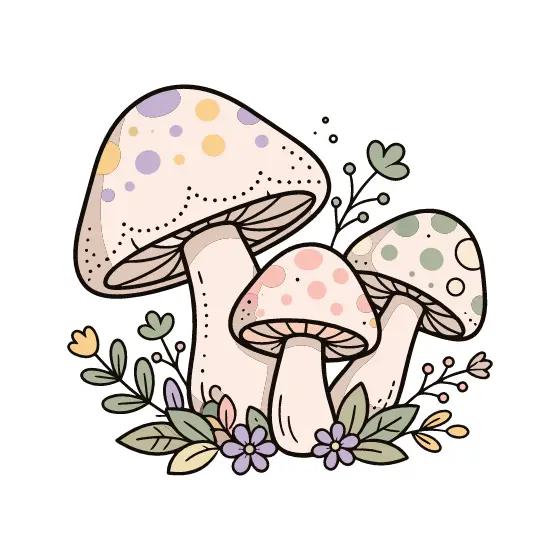Three Speckled Mushrooms With Blossoms