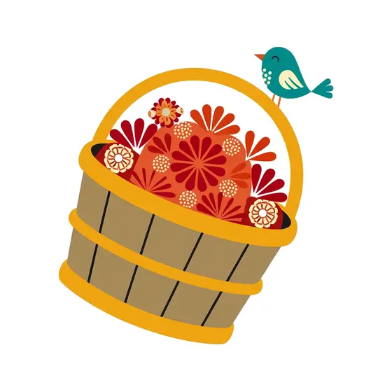 Red Flower Bucket With Teal Bird