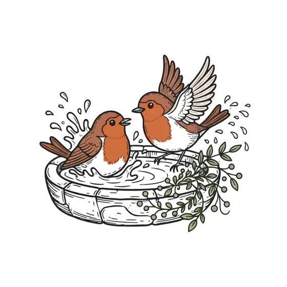 Robins Bathing With Leafy Sprig Garland