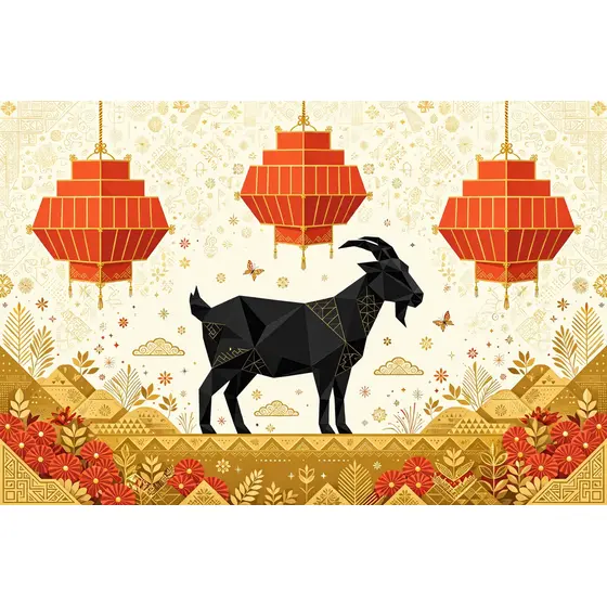 Vermilion Lanterns and Geometric Black Goat