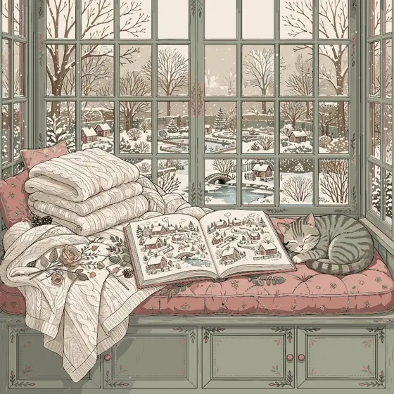 Cozy Window Seat With Sleeping Tabby