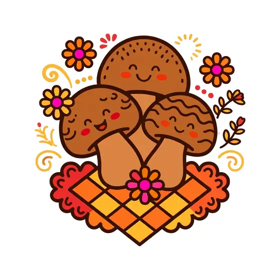 Three Brown Mushrooms with Patterned Caps