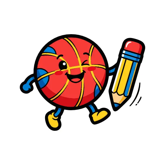 Red Basketball Mascot Holding Pencil