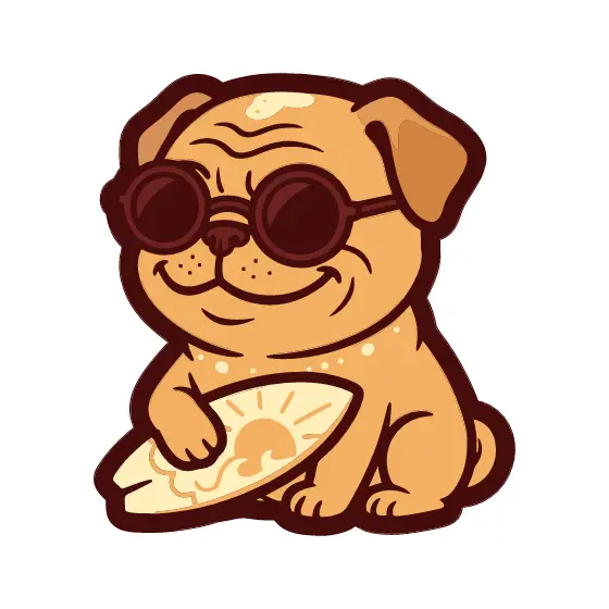 Pug in Shades Holding Sunny Surfboard