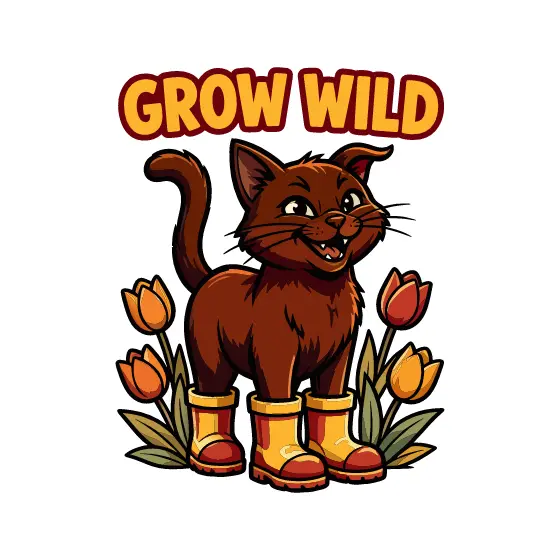 Brown Cat in Boots Among Tulips