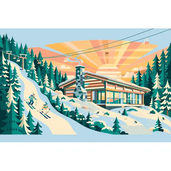 Ski Lodge at Sunrise with Skiers