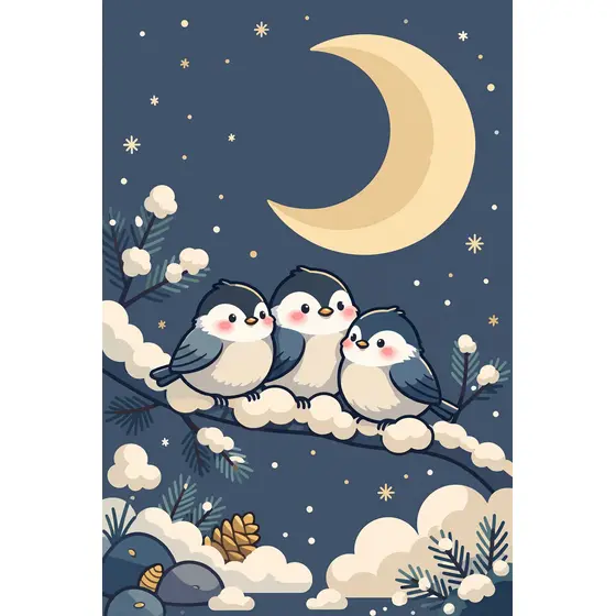 Three Kawaii Chickadees on Snowy Branch