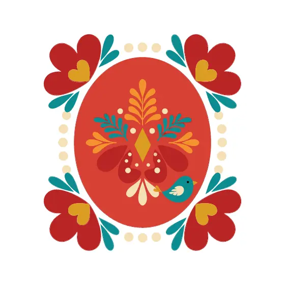 Red Oval Frame With Teal Leaf Accents