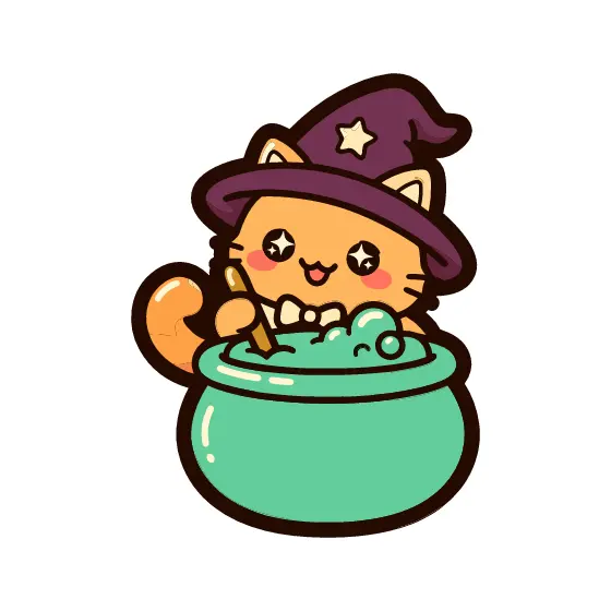 Kawaii Witch Cat With Cauldron