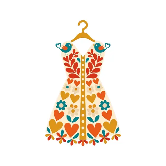 Folk Dress With Birds And Hearts