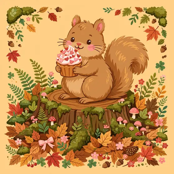 Blushing Squirrel Holding Heart Sprinkle Cupcake
