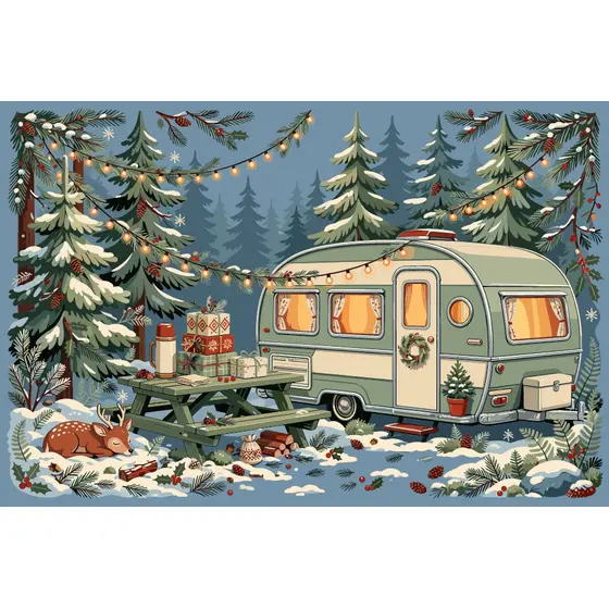 Vintage Camper Trailer in Snowy Pines