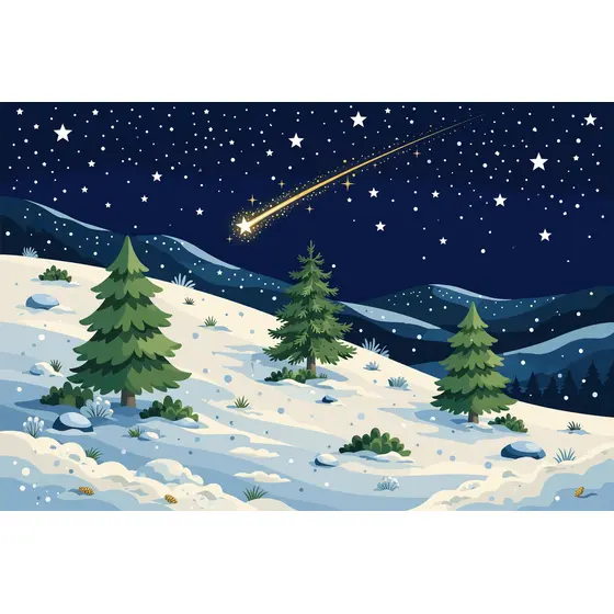 Night Hilltop With Shooting Star and Pines