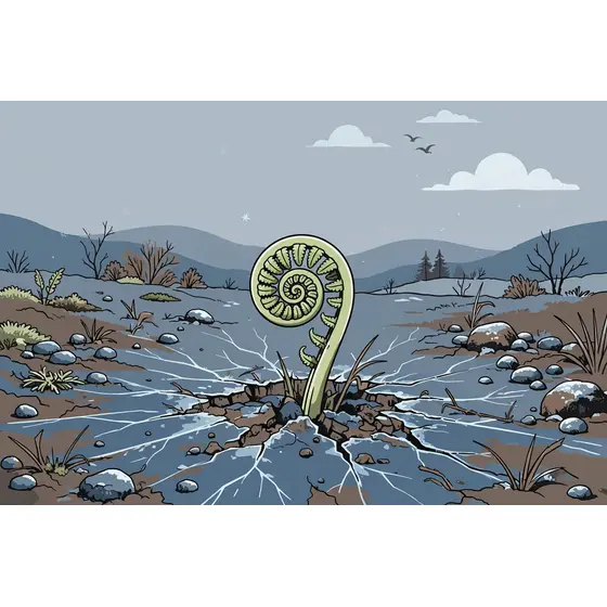 Uncurling Fiddlehead Fern on Frozen Ground