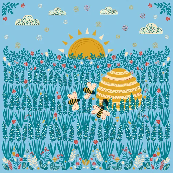 Folk Beehive Among Teal Lavender Rows