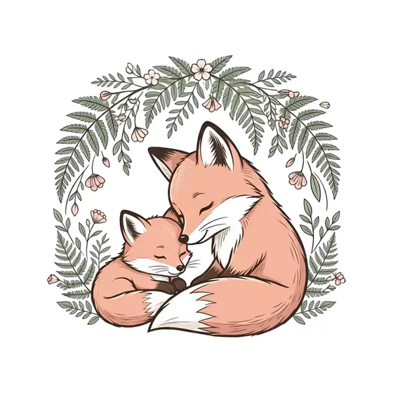 Mother Fox Nuzzling Kit Under Ferns