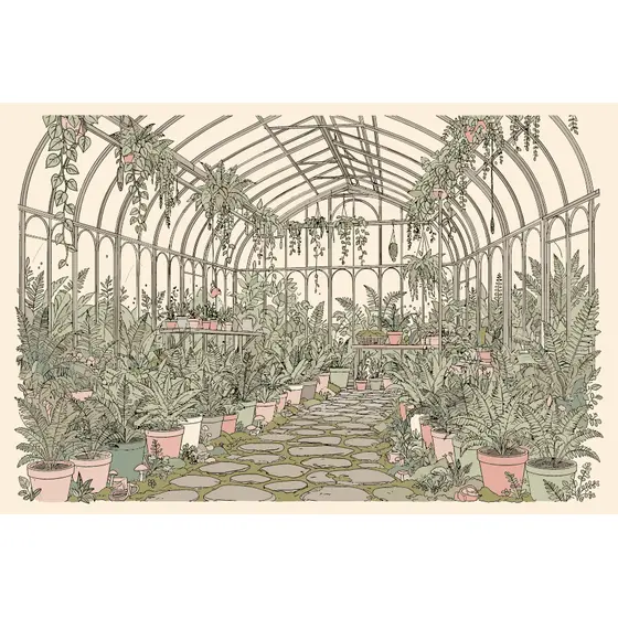 Arched Greenhouse With Potted Ferns