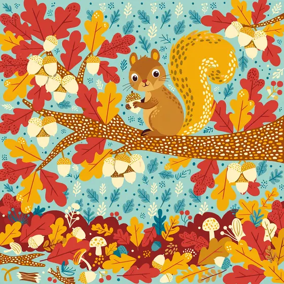 Squirrel Holding Acorn on Oak Branch