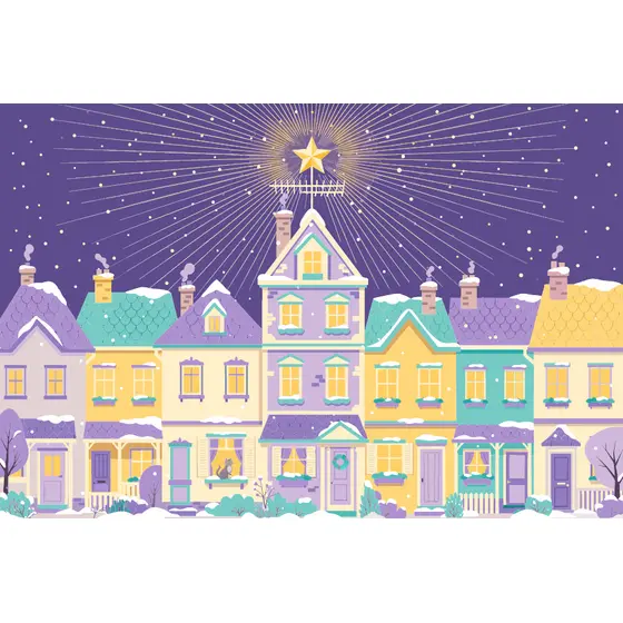 Pastel Townhouses Under Glowing Starburst
