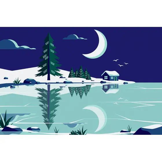 Moonlit Pine Over Frozen Pond