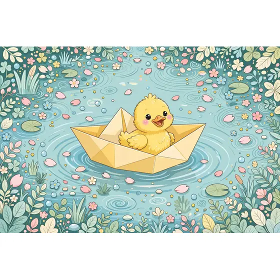 Yellow Duckling Riding Paper Boat