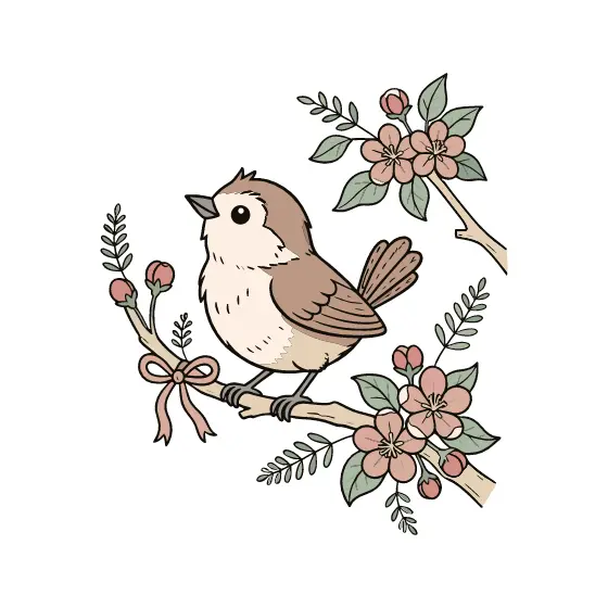 Wren With Tilted Head And Blossoms