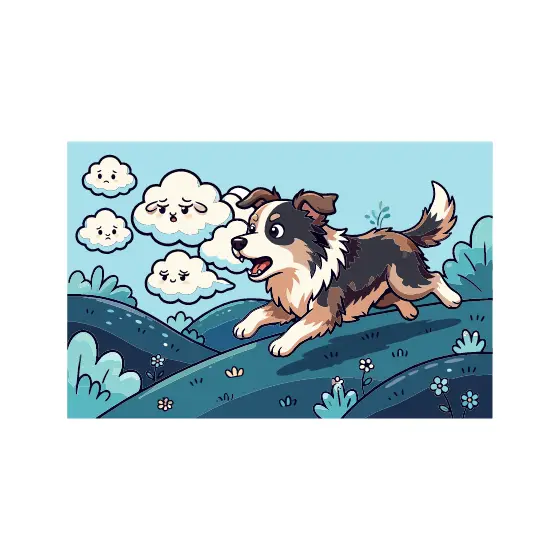 Collie Chasing Clouds Under Pale Blue Sky